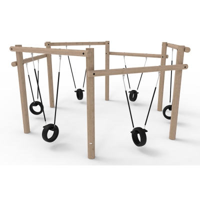 Η Swing King διαθέτει έξι κούνιες με ελαστικά διατεταγμένα σε κυκλικό σχηματισμό. Κάθε ελαστικό είναι τοποθετημένο κάθετα με μια επίπεδη έδρα στο εσωτερικό, που χρησιμεύει ως χαρακτηριστικό stop που εμποδίζει τα παιδιά να σταθούν πάνω του για να πηδήξουν προς το κέντρο. Αυτός ο σχεδιασμός επιτρέπει στα παιδιά να κάθονται με ασφάλεια και άνεση ενώ αιωρούνται το ένα προς το άλλο, δημιουργώντας ένα διαδραστικό και δυναμικό περιβάλλον παιχνιδιού. Καθώς τα παιδιά αιωρούνται, εισέρχονται σε έναν κοινό χώρο κίνησης, προωθώντας την κοινωνική αλληλεπίδραση, τη συνεργασία και το ευφάνταστο παιχνίδι. Η διάταξη της Swing King προκαλεί τα παιδιά να περιηγηθούν στο περιβάλλον τους, ενισχύοντας την ισορροπία, τον συντονισμό και τις κινητικές δεξιότητες.